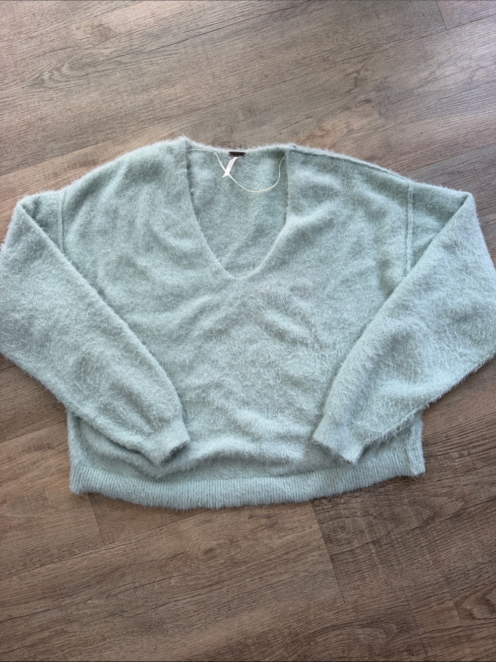 Free People Fuzzy V-Neck Sweater in Light Sage